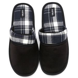 Mens Plaid Slippers Slip On Fleece Lined Indoor Micro Suede Shoes Black